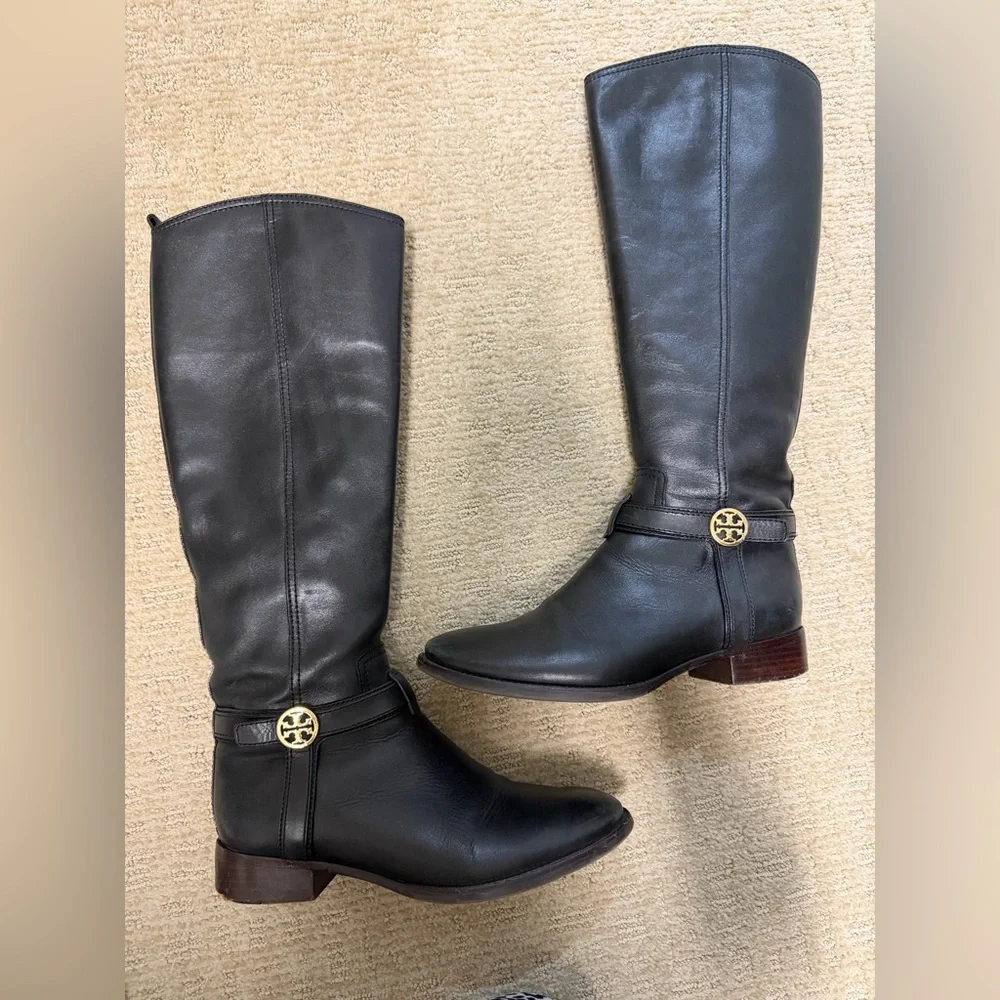 Tory Burch Black Leather Over-the-Knee Boots with Gold Logo